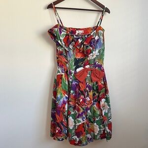 Amandine Made in France Multicolor Floral Mini Dress w Red Accent and Tulle